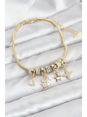 Gold Renk Çelik Yonca Charmlı Kadın Bileklik