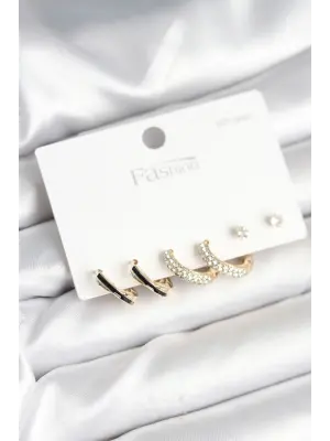 Gold Renk Pirinç Zirkon Taşlı 925 Ayar Gümüş Çivili Kadın Küpe Seti