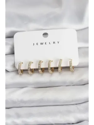 Gold Renk Pirinç Zirkon Taşlı Halka Kadın Küpe Seti