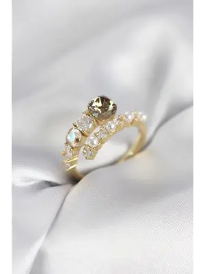 Gold Renk Pirinç Zirkon Taşlı İncili Kadın Yüzük