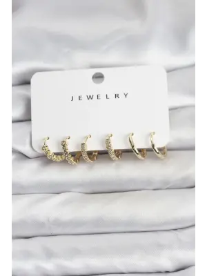 Gold Renk Pirinç Zirkon Taşlı Kadın Küpe Seti