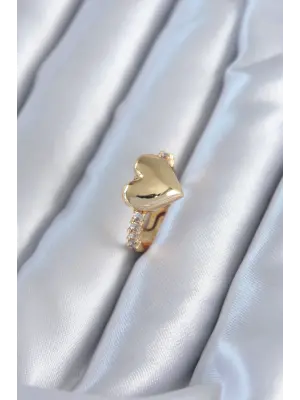 Altın  Zirkon Taşlı Kalp Model Çelik Yüzük