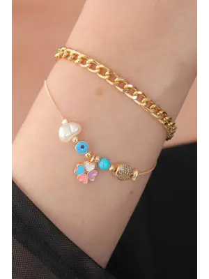 Gold Renk Renkli Zincir Model Renkli Kalp Figür Balık Detay Kadın Bileklik
