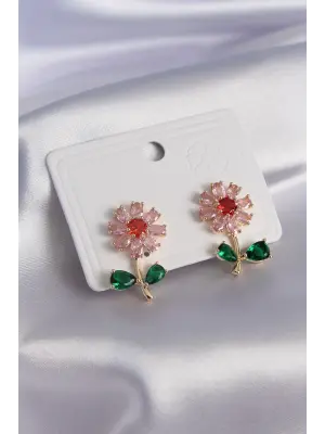 Altın Renkli Zirkon Taşlı Çiçek Model  Çelik Küpe