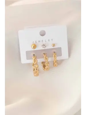 Gold Renk Sarmal Halka Zirkon Taş Detay Kadın Küpe Seti