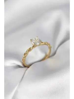 Gold Renk Sarmal Zincir Model Tek Taş Model Zirkon Taşlı Kadın Yüzük