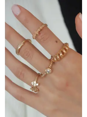 Gold Renk Sarmal Zirkon Taş Detay Kadın Yüzük Kombini