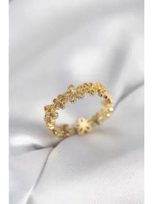 Gold Renk Sıralı Çiçek Model Zirkon Taşlı Kadın Yüzük