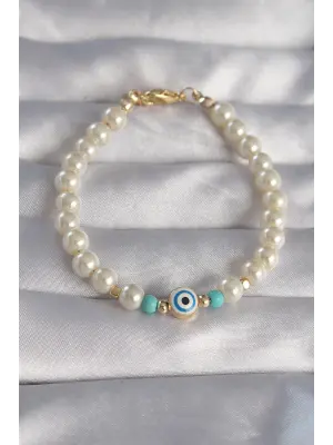 Gold Renk Sıralı İnci Boncuklu Model Nazar Figürlü Bileklik
