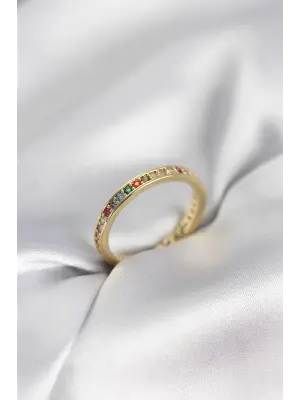 Gold Renk Sıralı Renkli Zirkon Taşlı Kadın Yüzük