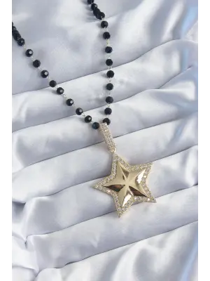 Altın  Siyah Boncuk Zirkon Taşlı Yıldız Model VİP Seri  Çelik Kolye