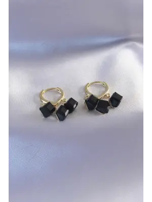Gold Renk Siyah Kare Model Sallantı Kadın Küpe
