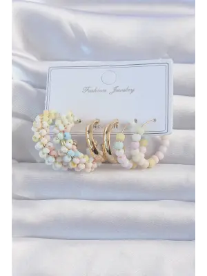 Altın Soft Renkli Boncuklu Halka Küpe Seti