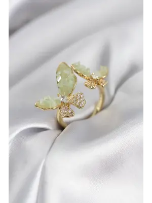 Gold Renk Su Yeşili Kelebek Model Zirkon Taşlı Kadın Yüzük