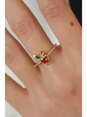 Altın Taşlı Çilek Figür Çelik Yüzük