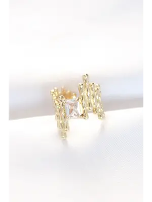 Altın Tırtıklı Kalın Baget Taş Tasarım Ayarlanabilir Yüzük