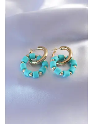 Gold Renk Turkuaz Boncuk Halka Model Kadın Küpe