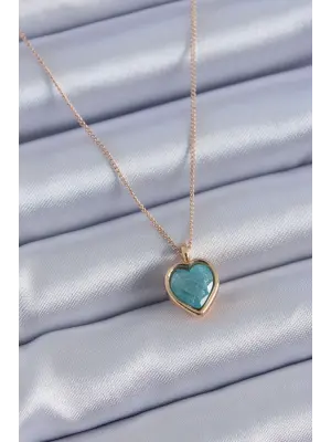 Gold Renk Turkuaz Renk Simli Kalp Model Kadın kolye