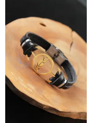 Gold Renk Yapraklı Metal Aksesuarlı Siyah Deri Erkek Bileklik