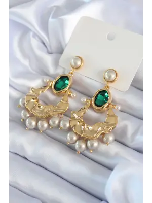 Altın Yeşil Kristal Taş Model İnci Detay Sallantı Detay  VİP Çelik Küpe