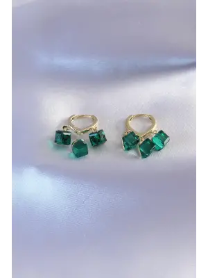 Gold Renk Yeşil Kristal Taşlı Kadın Küpe