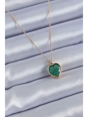 Gold Renk Yeşil Simli Kalp Model Kadın Kolye