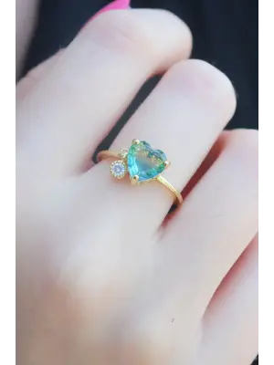 Gold Renk Yeşil Zirkon Taş Kalp Model Pirinç Kadın Yüzük