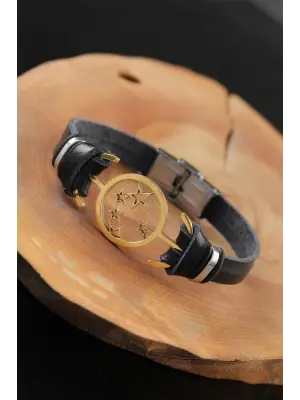 Gold Renk Yıldızlı Metal Aksesuarlı Siyah Deri Erkek Bileklik