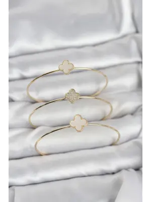 Gold Renk Yonca Model Zirkon Taşlı 3lü Kadın Bileklik Kombini