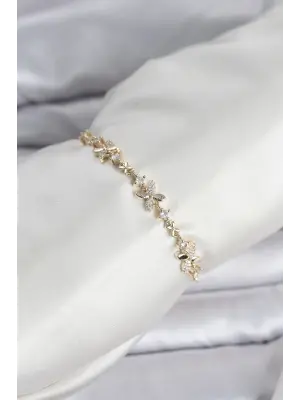 Gold Renk Yonca Model Zirkon Taşlı Asansörlü Kadın Bileklik