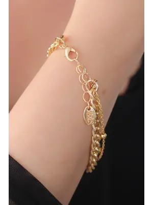 Gold Renk Zincir Model Renkli Taş Detay Kadın Bileklik