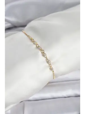 Gold Renk Zincir Model Zirkon Taşlı Pirinç Asansörlü Kadın Bileklik