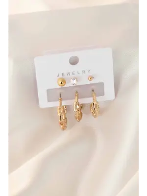 Gold Renk Zirkon Taş Detay Halka Kadın Küpe Seti