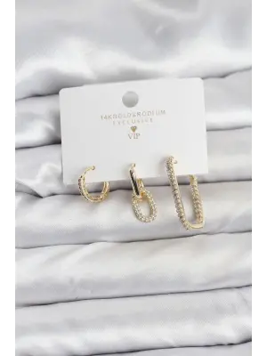 Gold Renk Zirkon Taşlı 3lü Kadın Küpe Seti