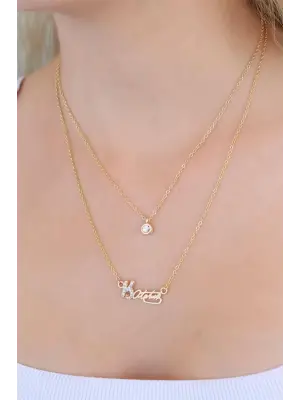 Gold Renk Zirkon Taşlı Atatürk İmzalı Bayan Kolye