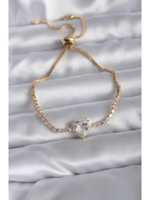 Gold Renk Zirkon Taşlı Charm Kadın Asansörlü Bileklik