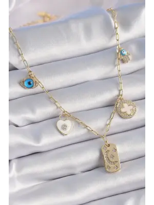 Altın  Zirkon Taşlı Çoklu Figür Model Şans Çelik Kolyesi