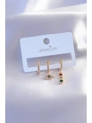 Gold Renk Zirkon Taşlı Göz Figür Kadın Küpe