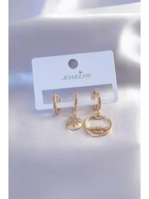 Gold Renk Zirkon Taşlı Göz Figür Kadın Küpe