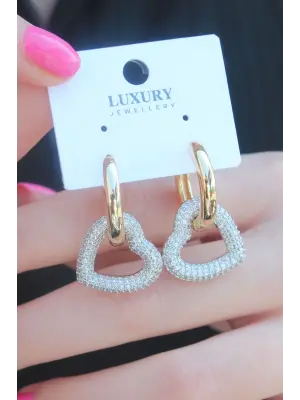 Gold Renk Zirkon Taşlı Halka Kalp Model Pirinç Kadın Küpe