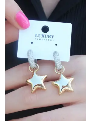 Gold Renk Zirkon Taşlı Halka Yıldız Figür Pirinç Kadın Küpe