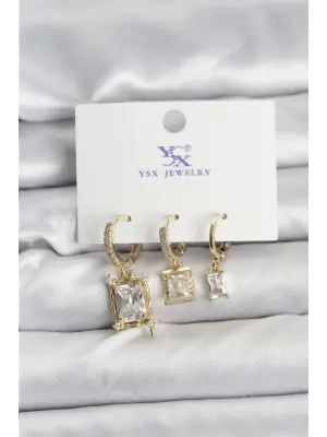 Üçlü Kare Baget Altın Renk Zirkon Taşlı Kadın Küpesi