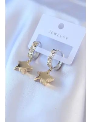 Altın Zirkon Taşlı Kalp Detay Halka Model Sallantı Yıldız Figür  Çelik Küpe