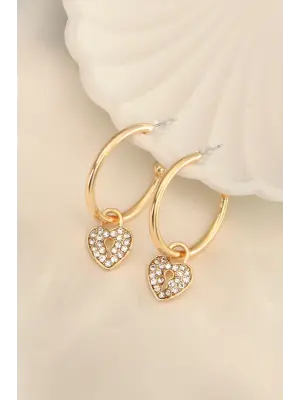 Gold Renk Zirkon Taşlı Kalp Figürlü Halka Küpe
