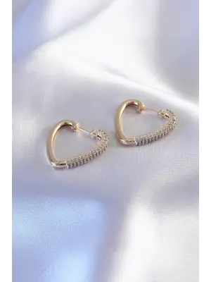 Altın Zirkon Taşlı Kalp Model Çelik Küpe