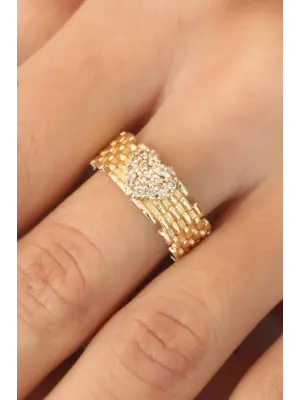 Gold Renk Zirkon Taşlı Kalpli Kadın Yüzük