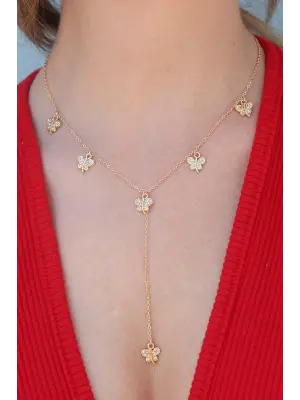 Gold Renk Zirkon Taşlı Kelebek Figür Sallantı Model Kadın Kolye