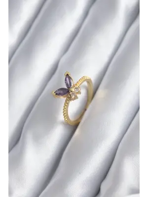 Altın Zirkon Taşlı Kelebek Model Çelik Yüzük