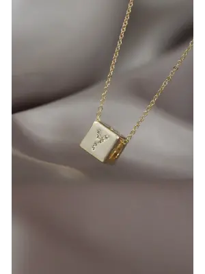 Gold Renk Zirkon Taşlı Küp Model Y Harfli Kolye