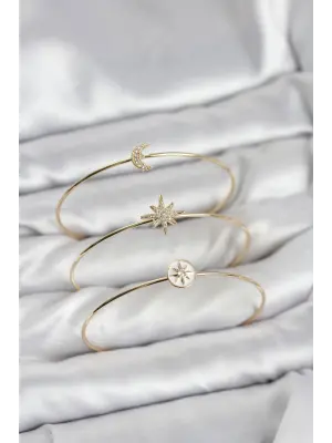 Gold Renk Zirkon Taşlı Kutup Yıldızı Model 3lü Kadın Bileklik Kombini